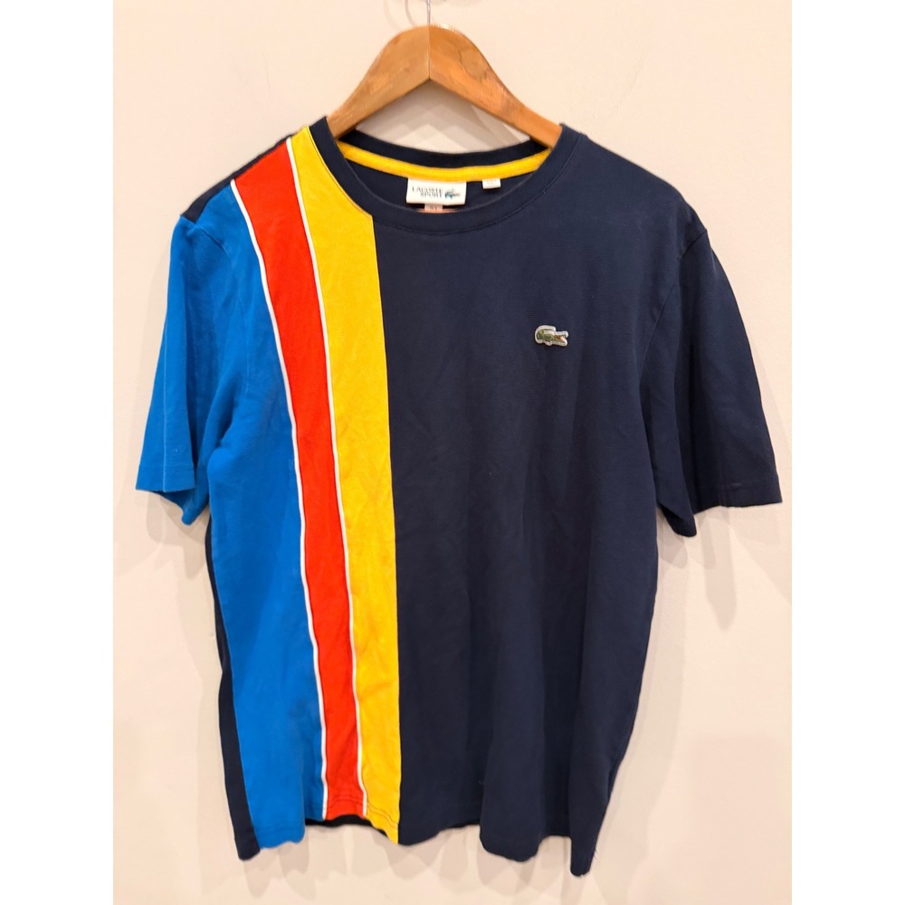 Lacoste Sport Mens Navy Blue Color Block Stripe Pique T-Shirt Size L FR 5